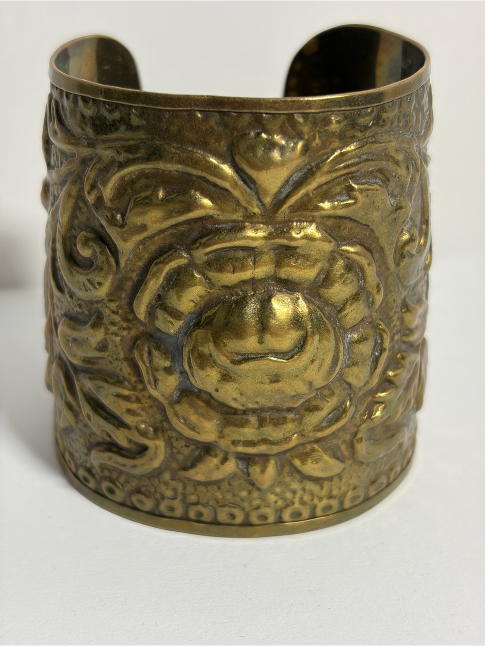 Antique-Style Embossed Brass Wide Cuff Bracelet 3”